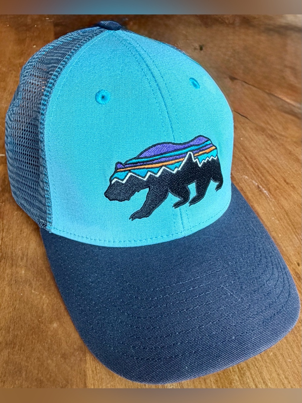 Patagonia Fitz Roy Bear Trucker Hat Snapback Turquoise Navy Mesh Cap OSFA Hiking